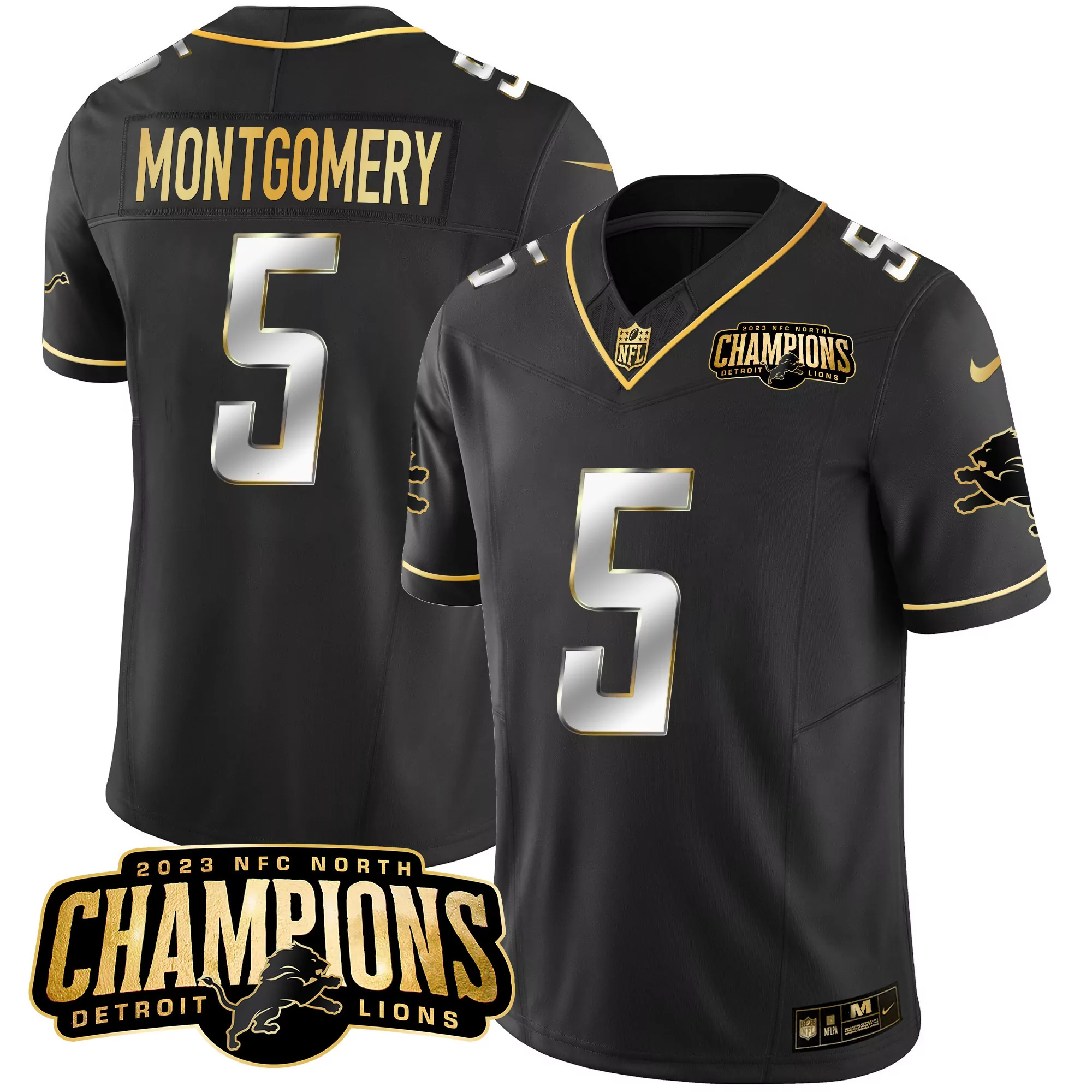 montgomery 5 detroit lions 2023 male all stitched vapor jersey champions edition black