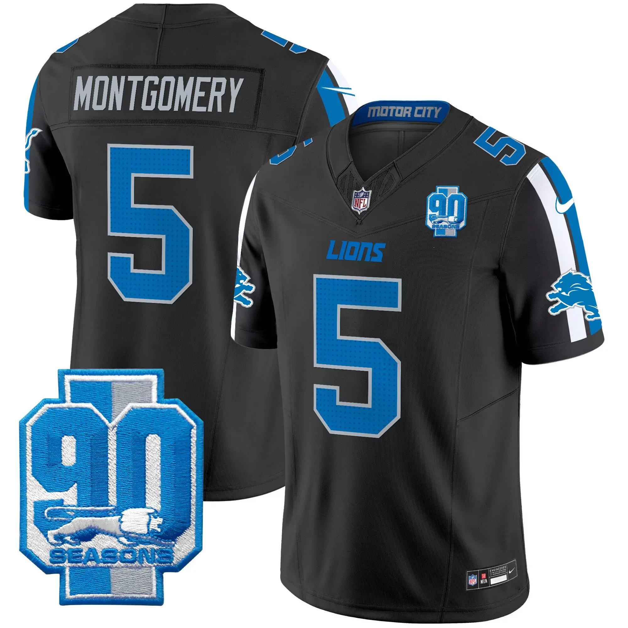 montgomery 5 detroit lions 2023 men s all stitched vapor jersey black 90 seasons edition
