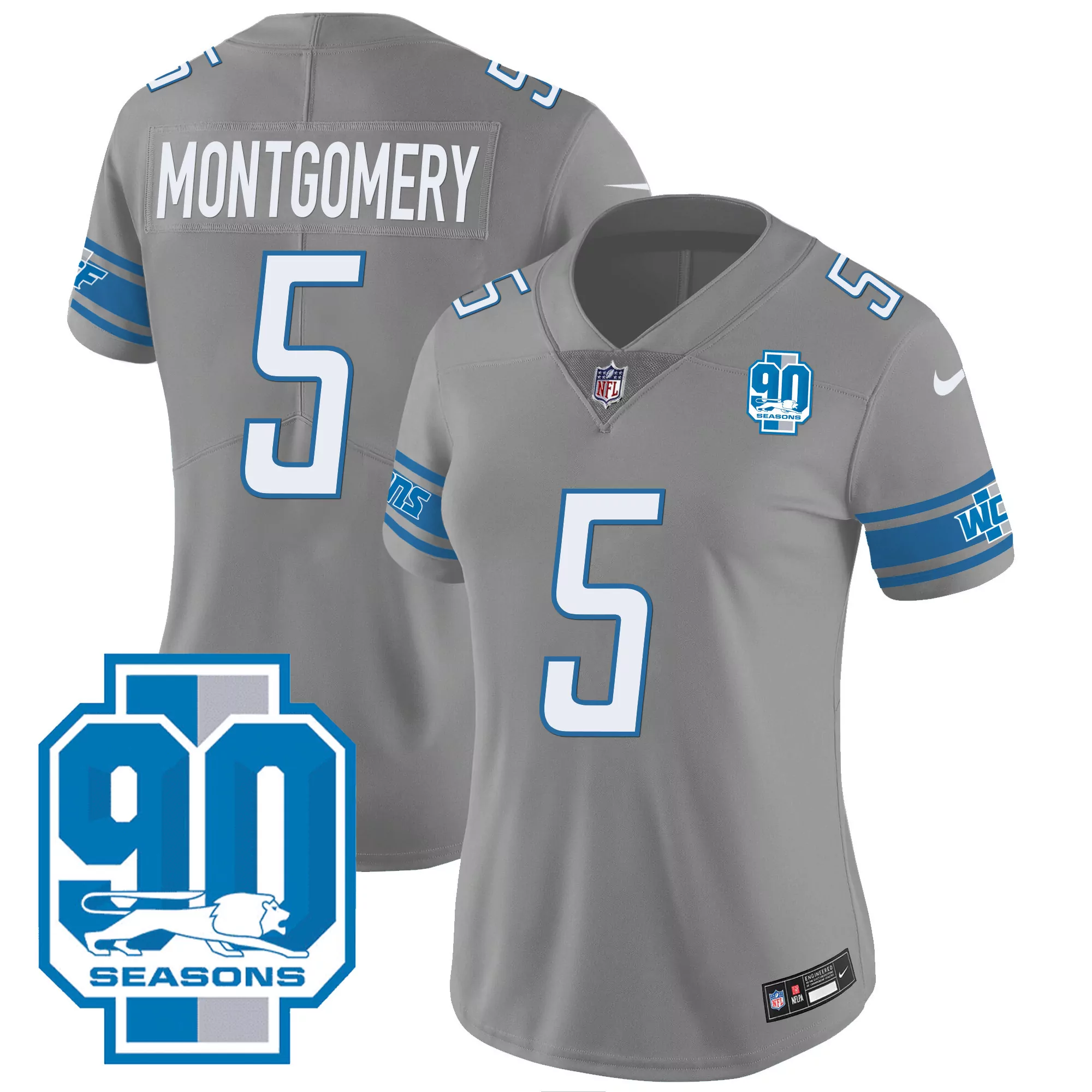 montgomery 5 detroit lions 2023 women s all stitched vapor jersey gray 90 seasons edition 2