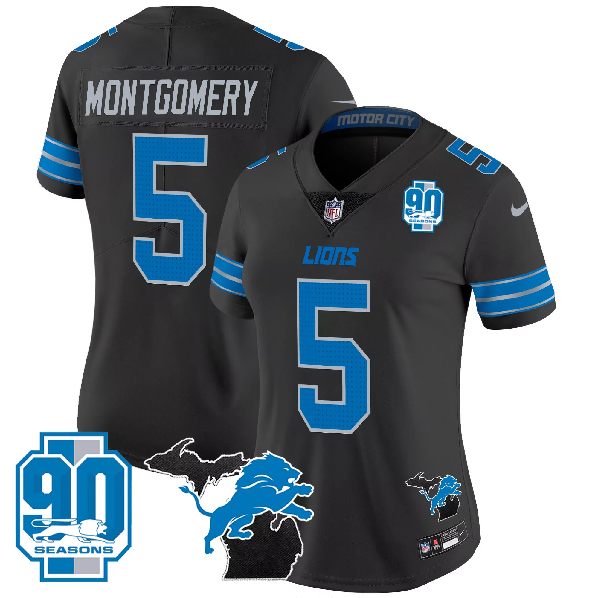 montgomery 5 detroit lions 2023 women s black all stitched vapor jersey 90 seasons edition