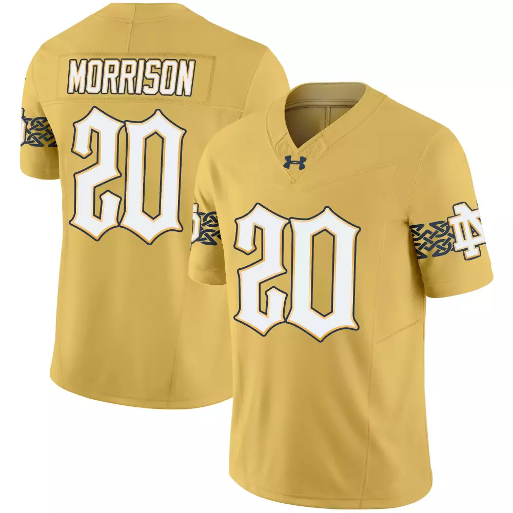 Morrison 20 Notre Dame 2023 Gold All Stitched Vapor Jersey with Patch | Fan Gear for Game Day | For Men, Women & Youth