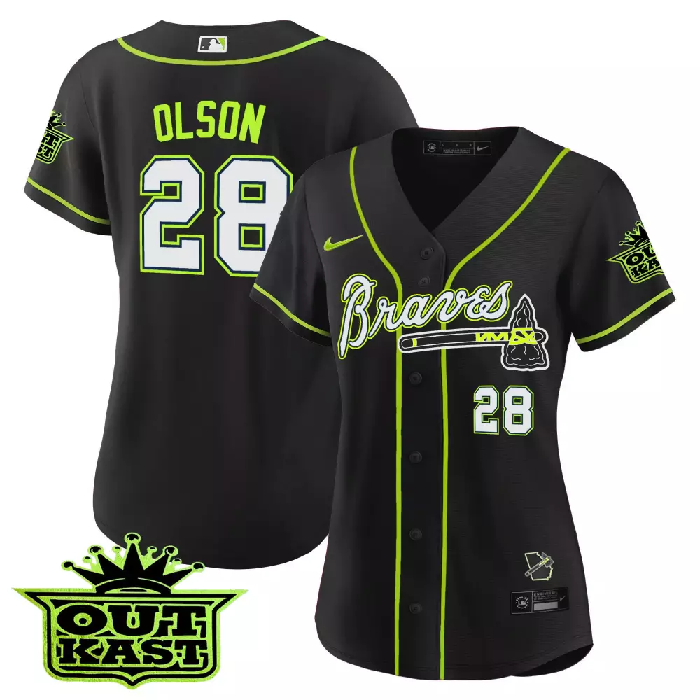 olson 28 atlanta braves 2023 women s outkast stitched vapor jersey black green