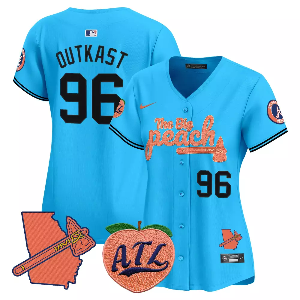 outkast 96 atlanta braves 2023 women s all stitched vapor jersey blue peach design