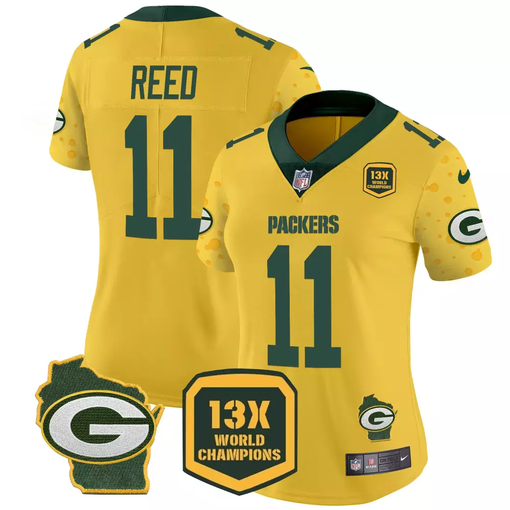 Reed 11 Green Bay Packers 2023 Women's Yellow Vapor Jersey | 13x World Champions Edition | All Stitched Fan Gear | For Women