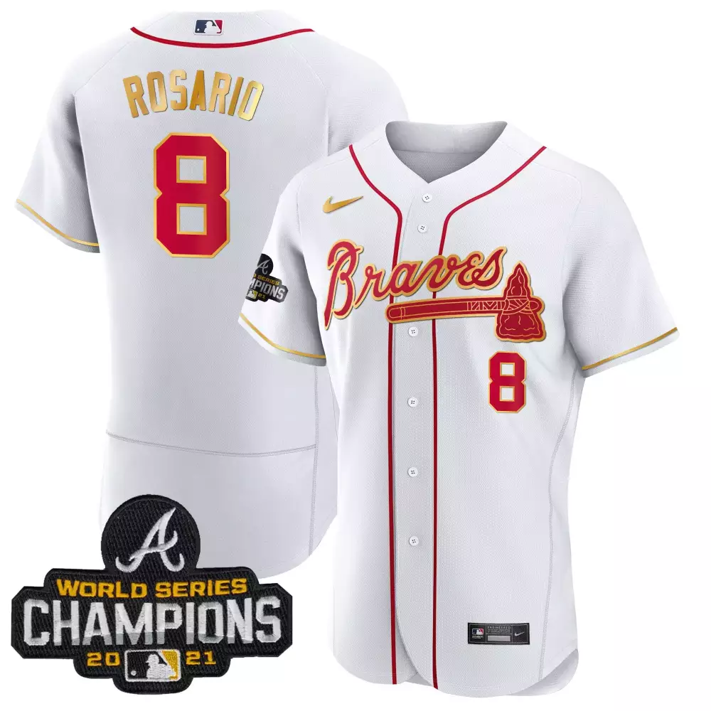 Rosario 8 Atlanta Braves 2021 White World Series Jersey | Stitched Vapor Champions Gear | For Men, Women & Youth