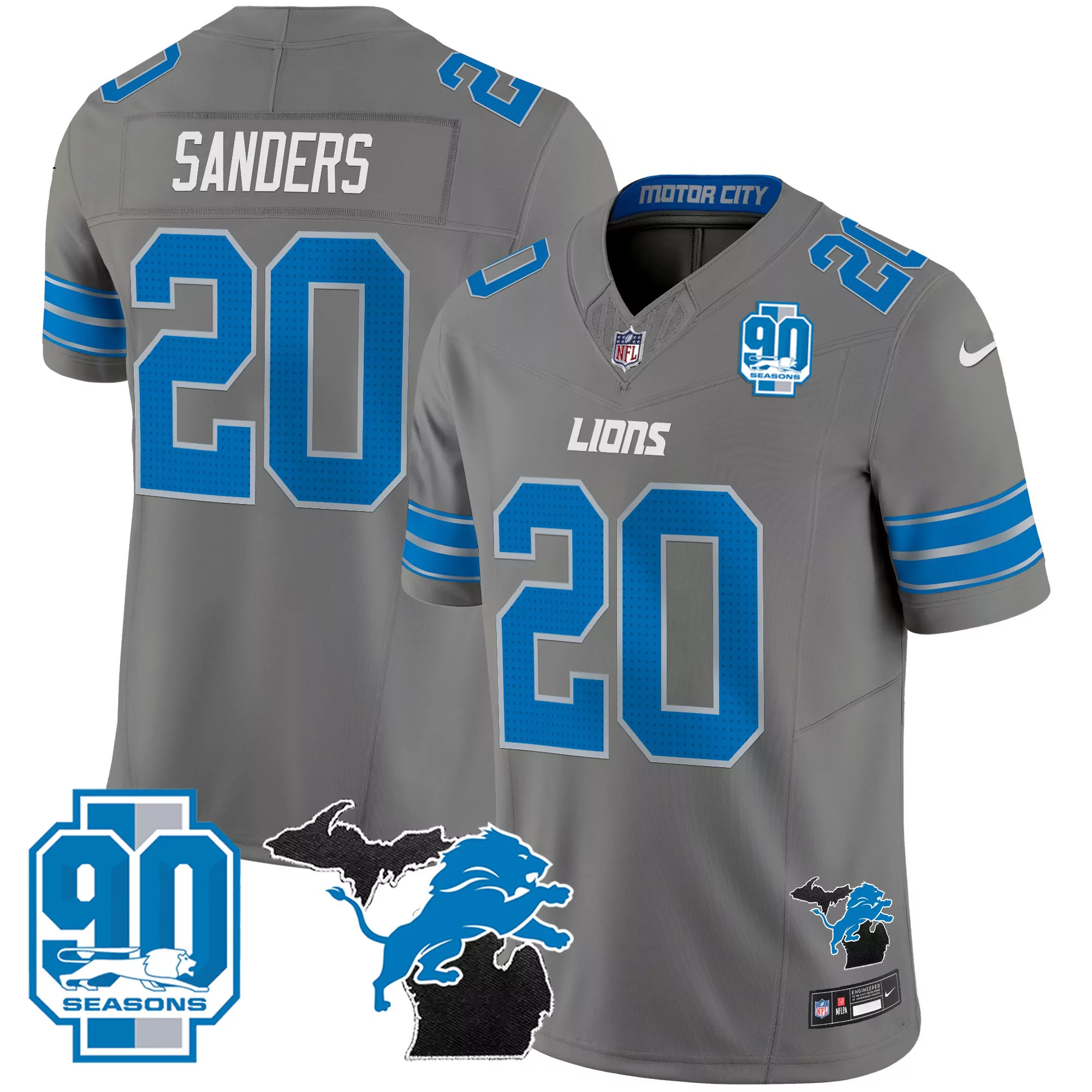 sanders 20 detroit lions 2023 men s all stitched vapor jersey motor city 90 seasons edition