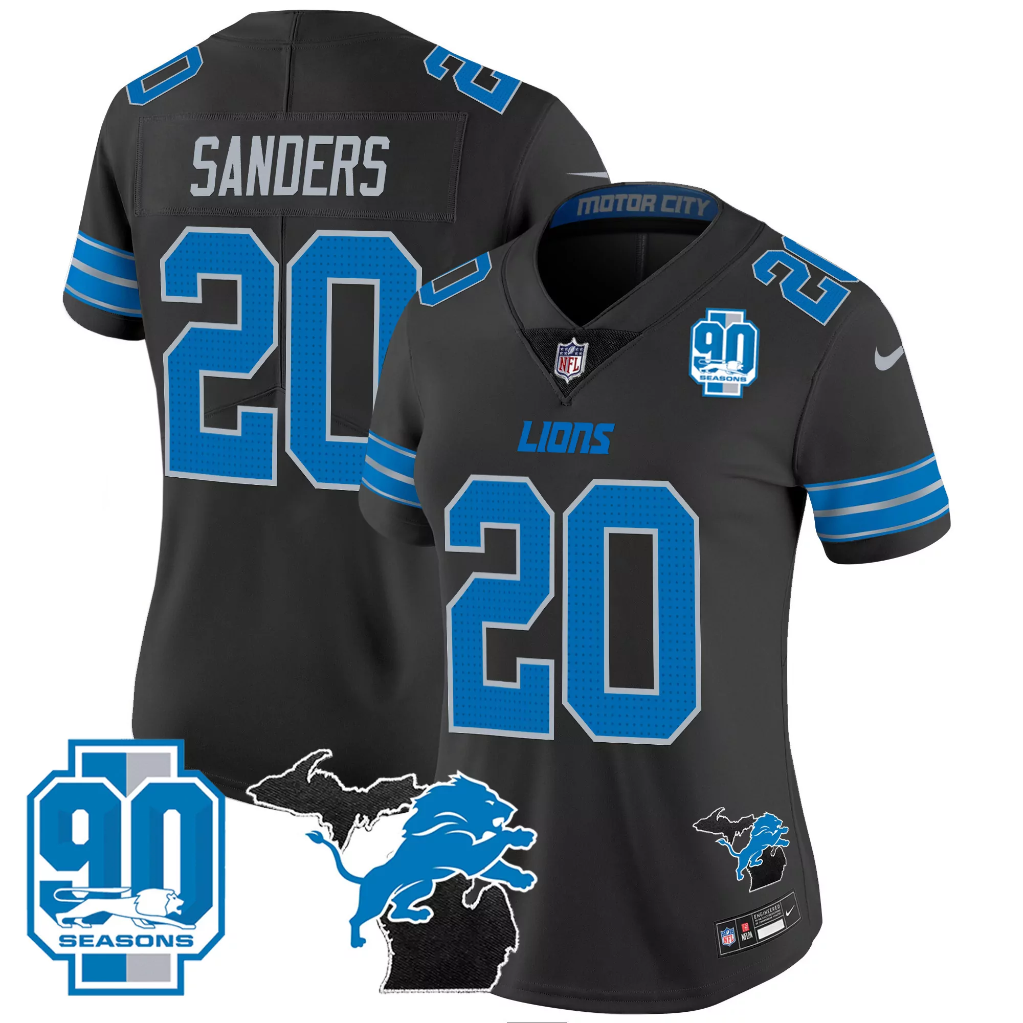 sanders 20 detroit lions 2023 women s black all stitched vapor jersey 90 seasons edition