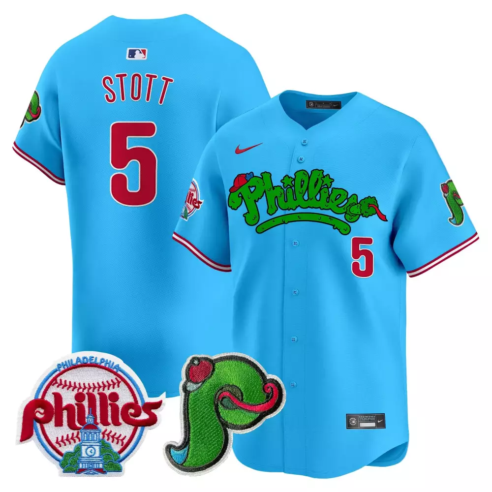 Stott 5 Philadelphia Phillies 2023 Vapor Jersey | Blue With Patches | Stitched Replica Fan Gear | For Men, Women & Youth