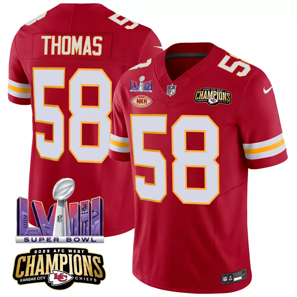 Thomas 58 Kansas City Chiefs 2023 Vapor Jersey | Red Super Bowl Champions | Stitched Fan Gear for Men, Women & Youth