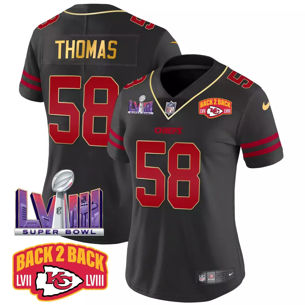 Thomas 58 Kansas City Chiefs 2023 Women's Stitched Vapor Jersey | Black Back 2 Back Edition | Fan Gear for Women & Youth