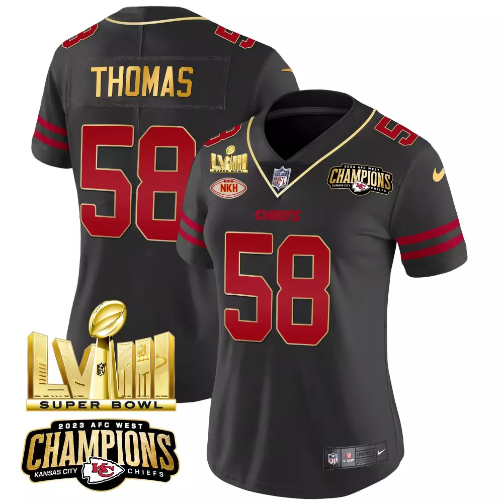Thomas 58 Kansas City Chiefs 2023 Women's Stitched Vapor Jersey | Black Champions Edition | Fan Gear for Women & Youth