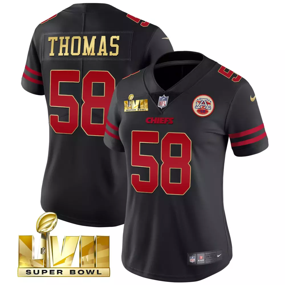 Thomas 58 Kansas City Chiefs 2023 Women's Stitched Vapor Jersey | Black Super Bowl Edition | Replica Fan Gear | For Men, Women & Youth