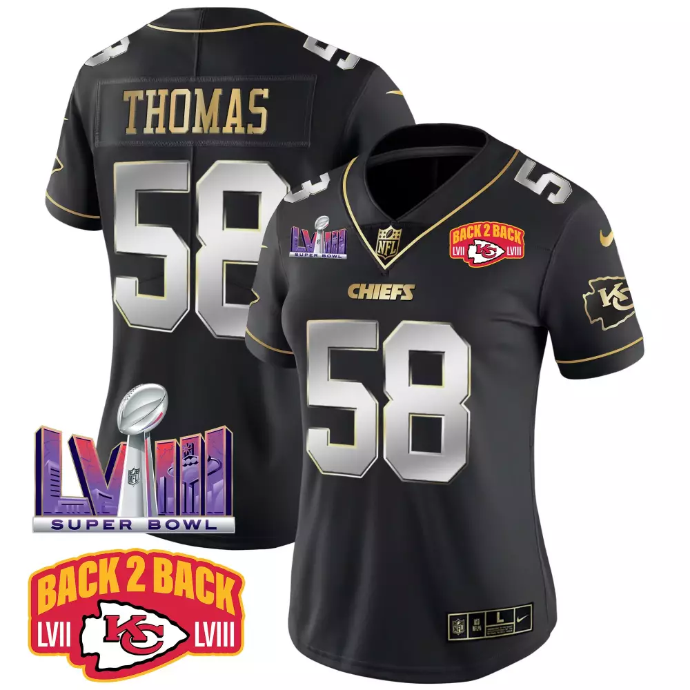 Thomas 58 Kansas City Chiefs 2023 Women's Stitched Vapor Jersey | Black Back 2 Back Edition | Fan Gear for Women & Youth