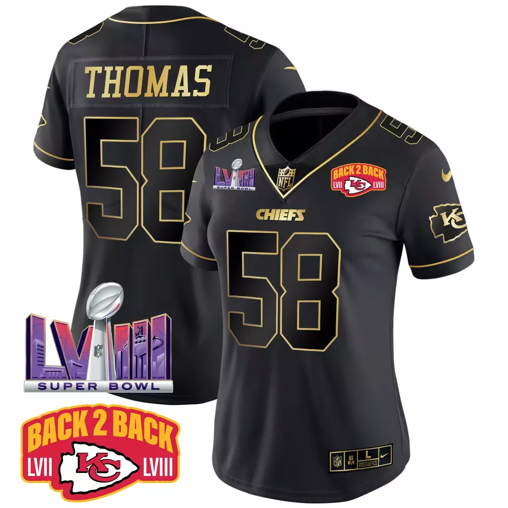 Thomas 58 Kansas City Chiefs 2023 Women's Stitched Vapor Jersey | Black Back 2 Back Edition | Fan Gear for Women & Youth