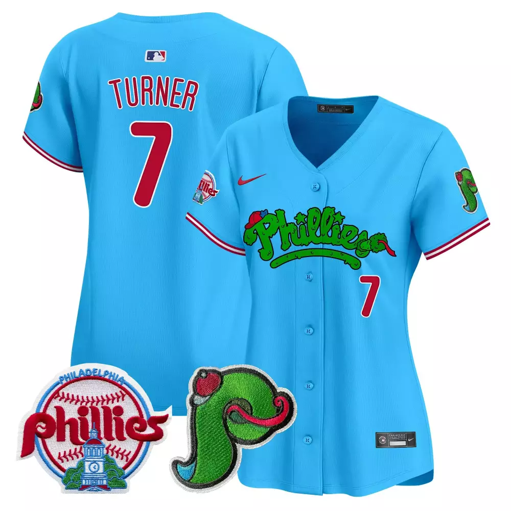 Turner 7 Philadelphia Phillies 2023 Women's Blue Stitched Vapor Jersey | Unique Fan Gear with Patches | For Women, Men & Youth