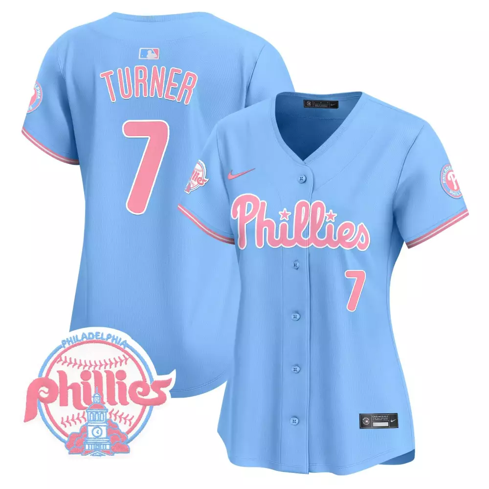 Turner 7 Philadelphia Phillies 2023 Women's Light Blue Stitched Vapor Jersey | Stylish Fan Gear | For Women, Men & Youth