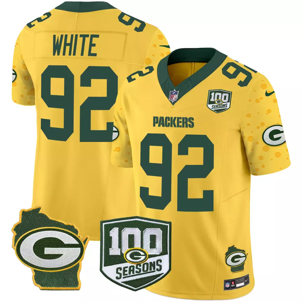 White 92 Green Bay Packers 100 Seasons All Stitched Vapor Jersey 2023 | Men's White Yellow Fan Gear | For Men, Women & Youth