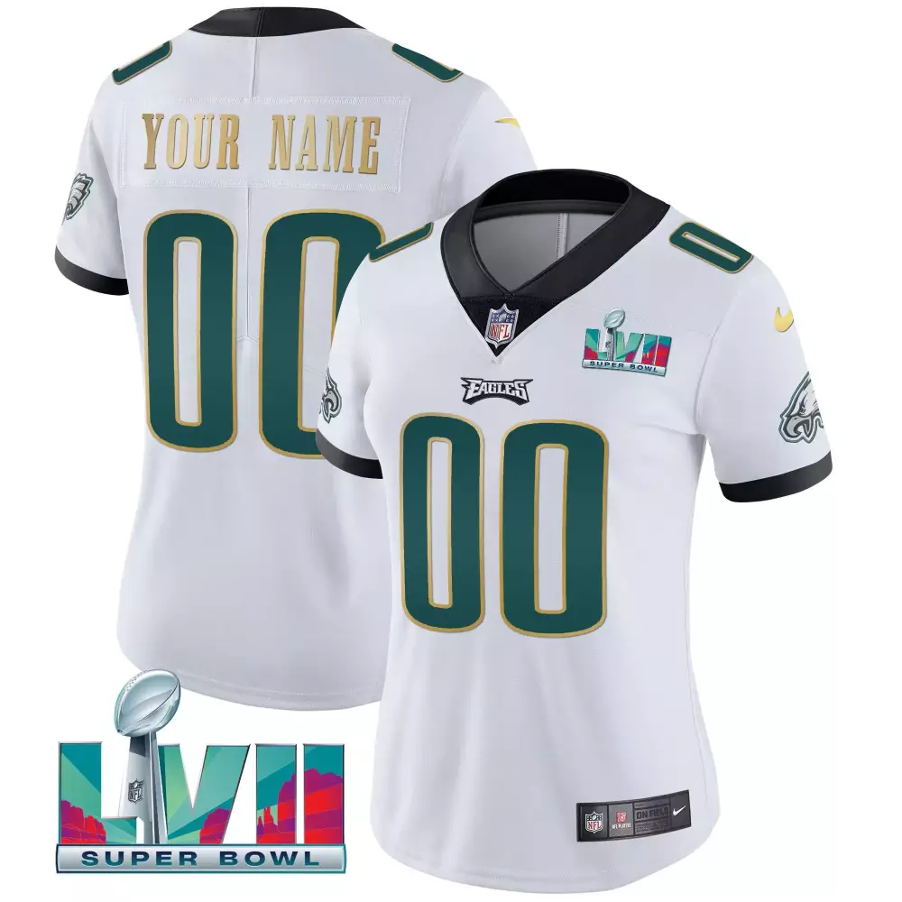eagles women s super bowl lvii all stitched vapor jersey 00 white custom name edition
