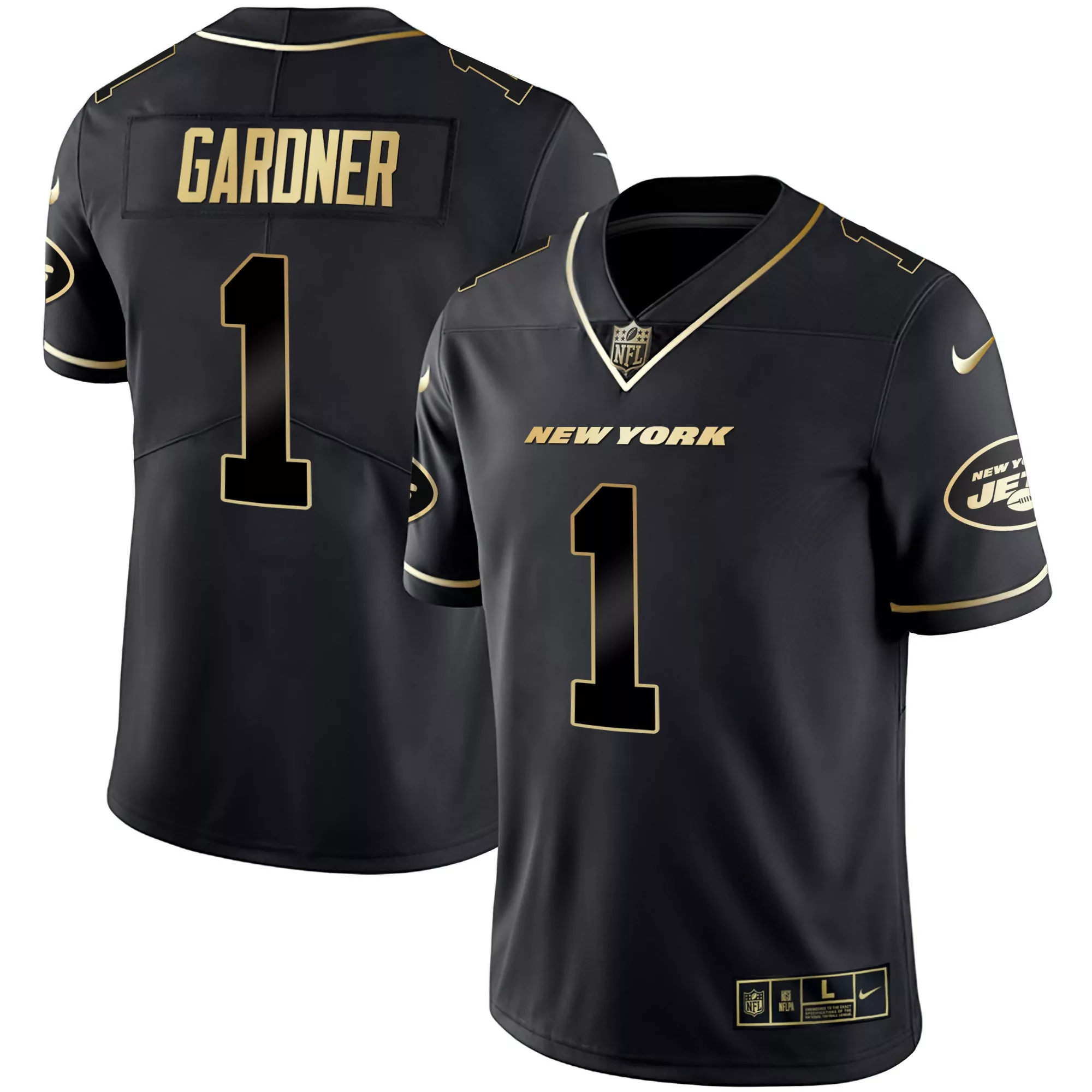 gardner 1 new york jets 2023 men s all stitched vapor jersey black gold edition 1