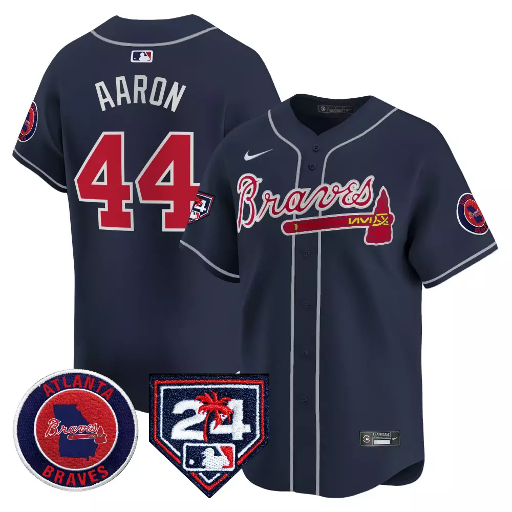 Hank Aaron 44 Atlanta Braves 2023 Men's All Stitched Vapor Jersey | Navy 24 Patch Edition | Fan Gear for Men, Women & Youth