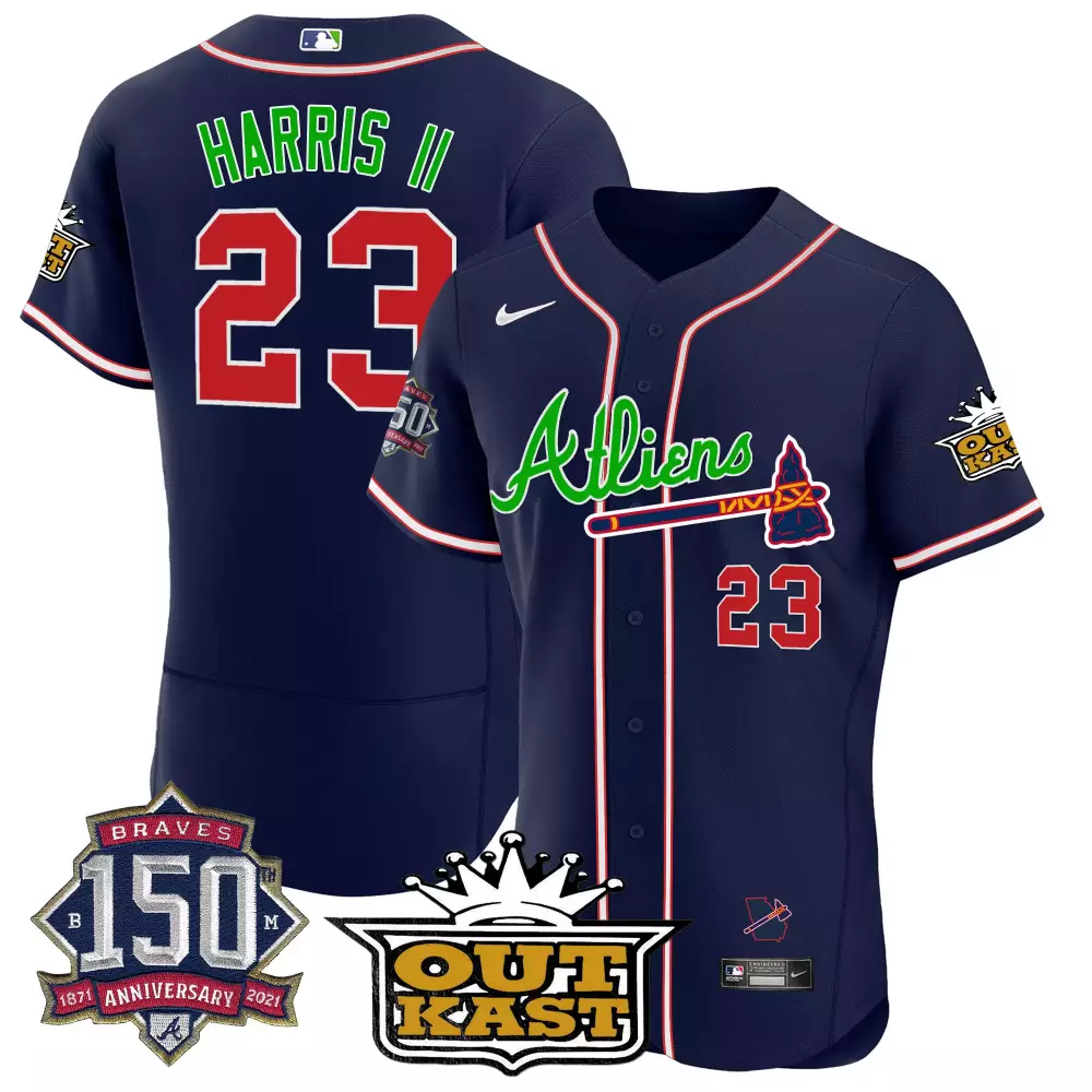 harris ii 23 atlanta braves 2021 men s all stitched vapor jersey navy green 150th anniversary edition