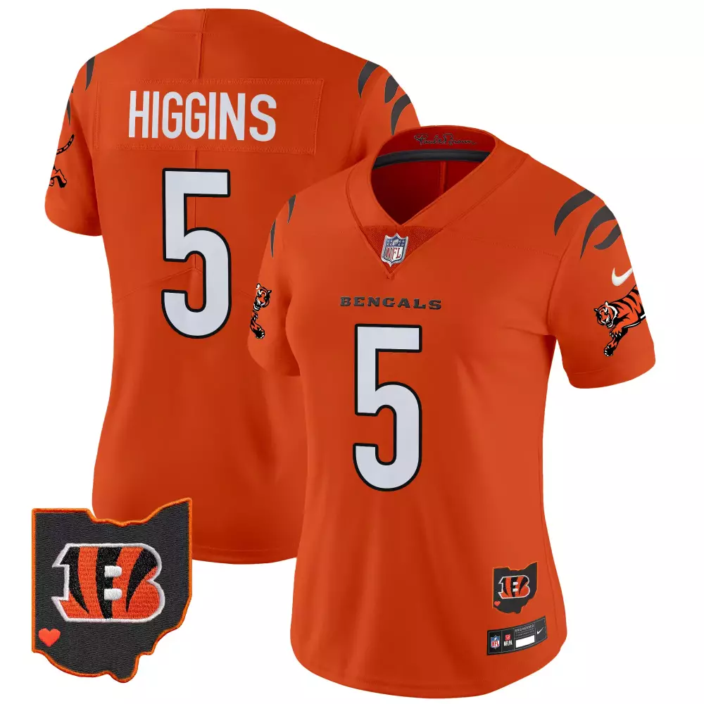 Higgins 5 Cincinnati Bengals 2023 Women's Vapor Jersey | Orange with Ohio Patch | Stitched Fan Gear for Men, Women & Youth
