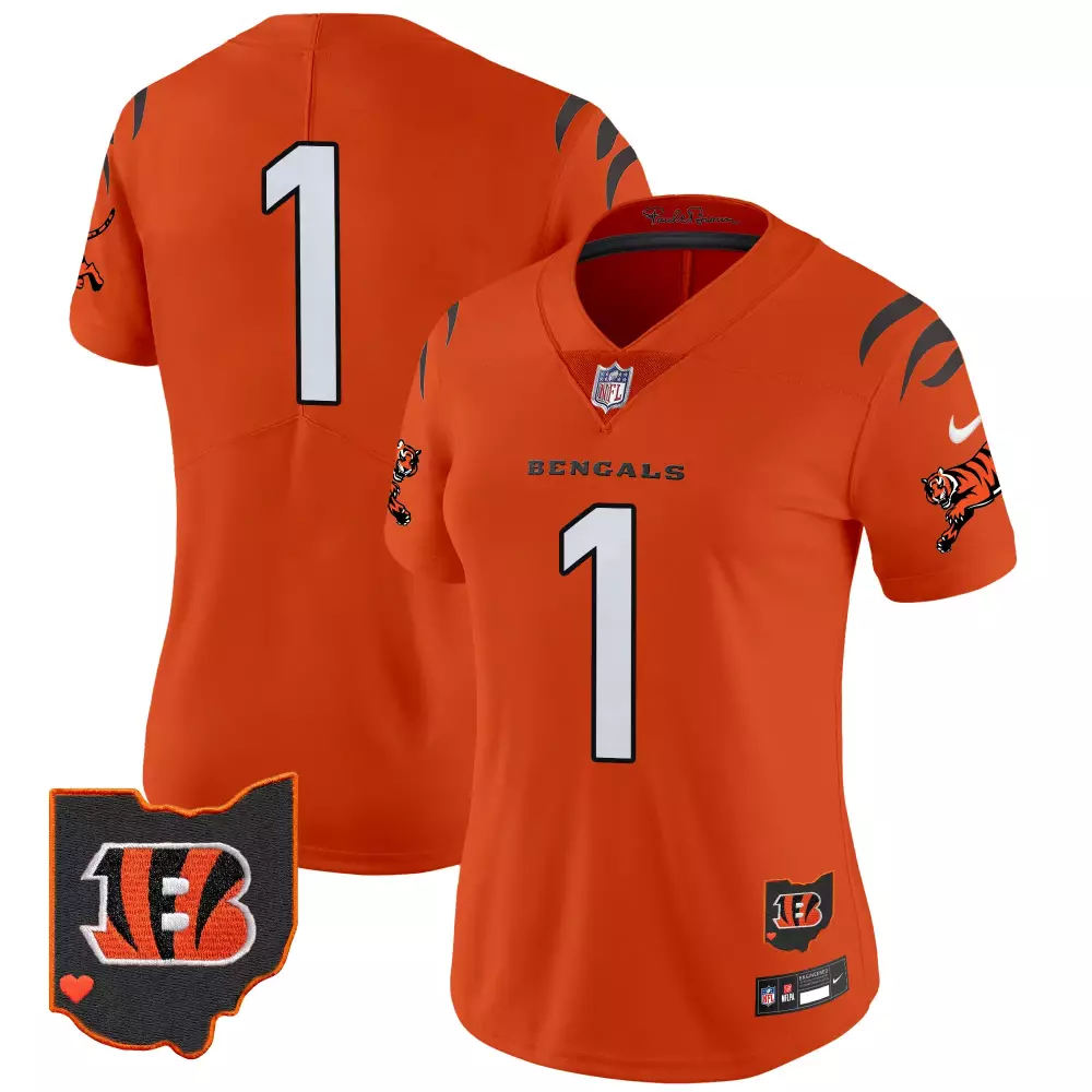 Joe Burrow Cincinnati Bengals 2023 Women's Stitched Vapor Jersey | Orange with Ohio Patch | Limited Edition Fan Gear | For Men, Women & Youth