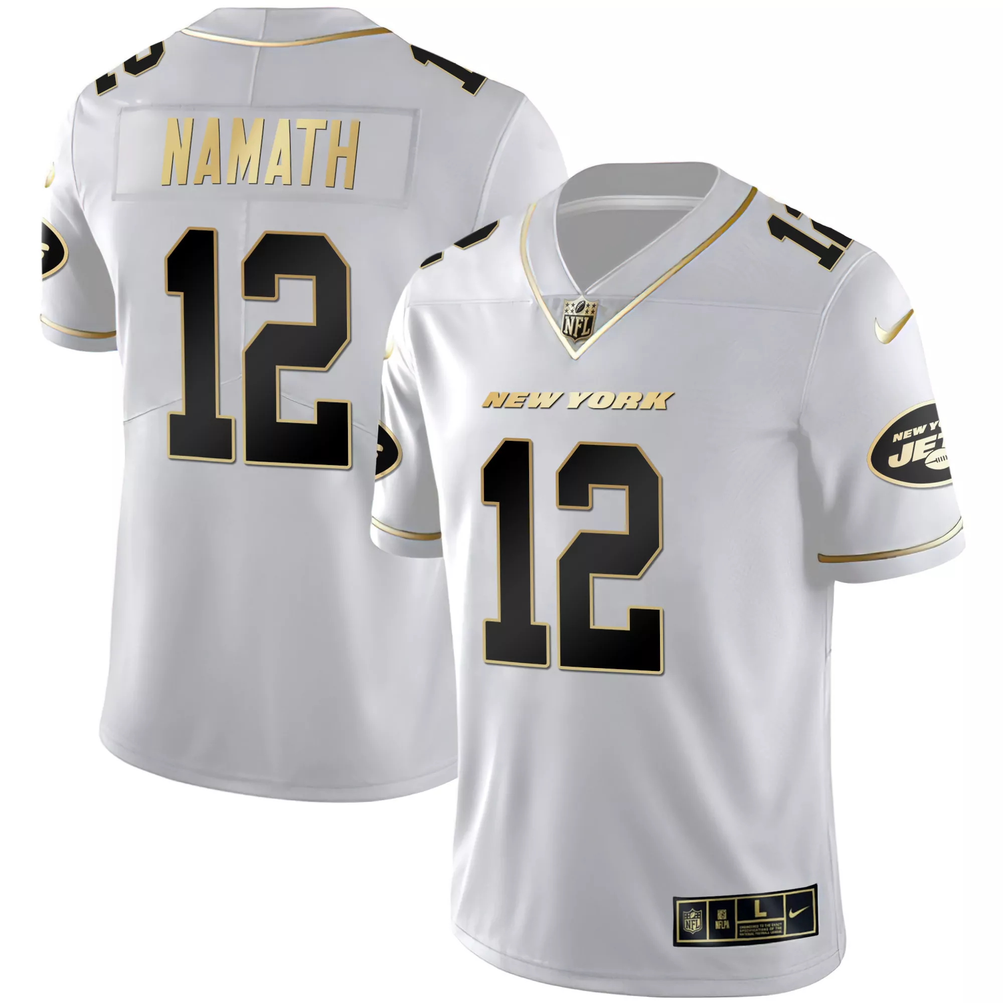 joe namath 12 new york jets 2023 men s all stitched vapor jersey white gold edition
