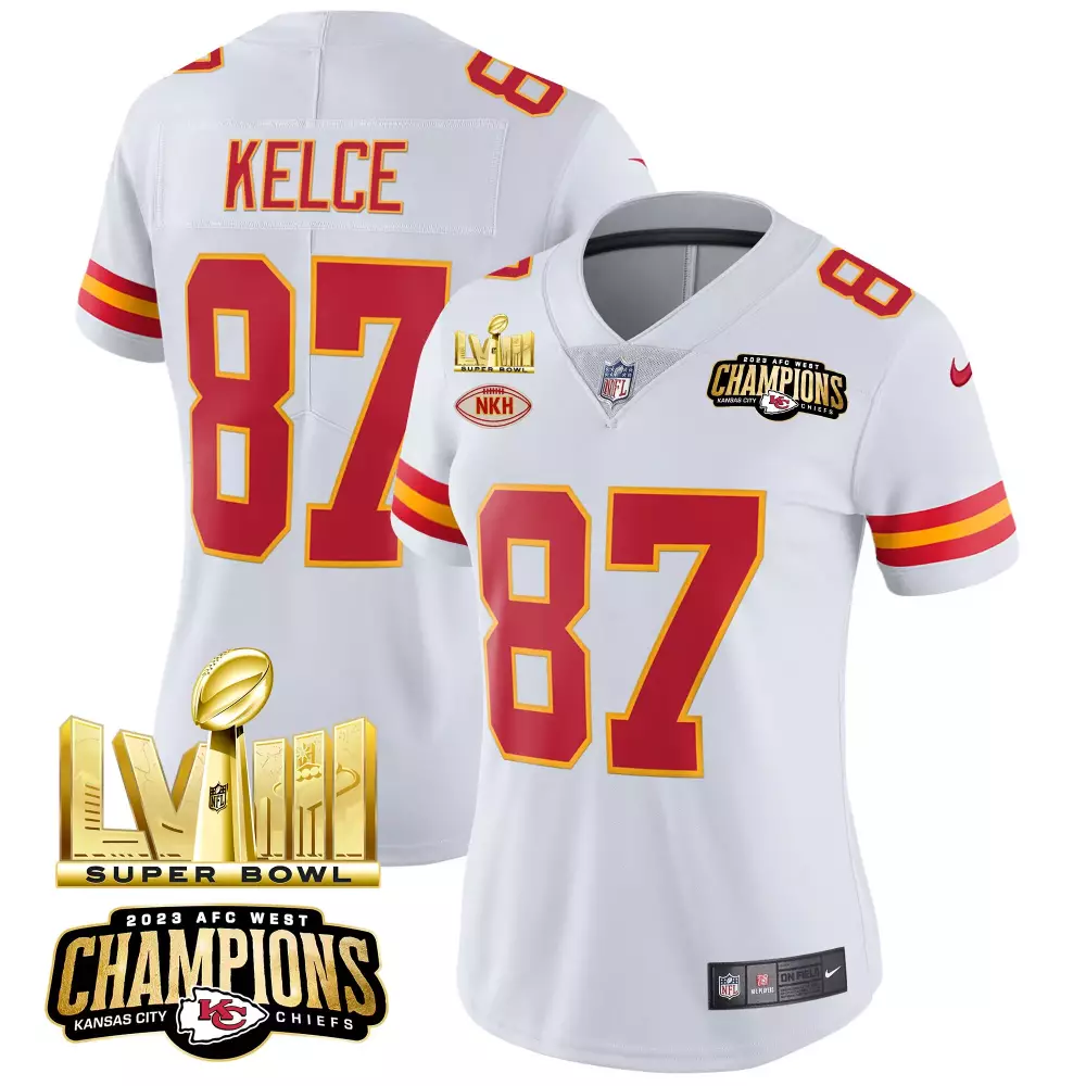 Kelce 87 Kansas City Chiefs 2023 Women's All Stitched Vapor Jersey | White Super Bowl Champions | Limited Edition Fan Gear | For Men, Women & Youth