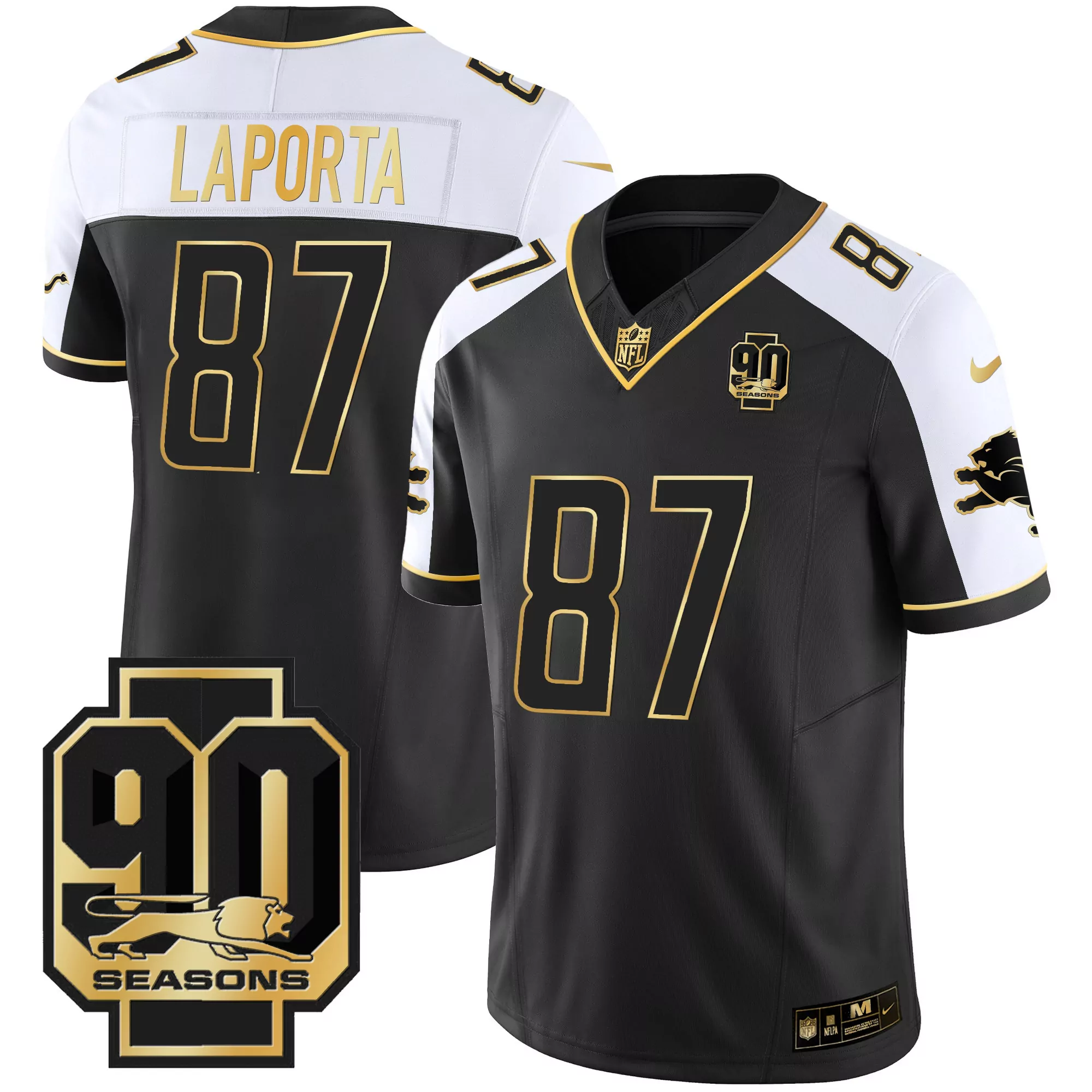 laporta 87 detroit lions 2023 men s all stitched vapor jersey 90 seasons black gold