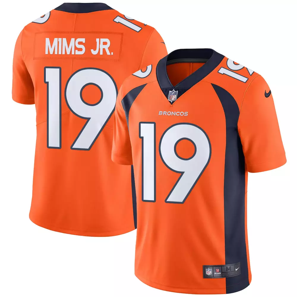 Marvin Mims Jr. 19 Denver Broncos 2023 All Stitched Vapor Jersey | Orange & Navy | Men's Fan Gear | For Men, Women & Youth