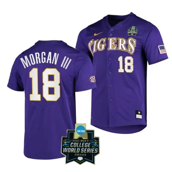 morgan iii 18 lsu tigers 2023 men s purple all stitched vapor jersey college world series