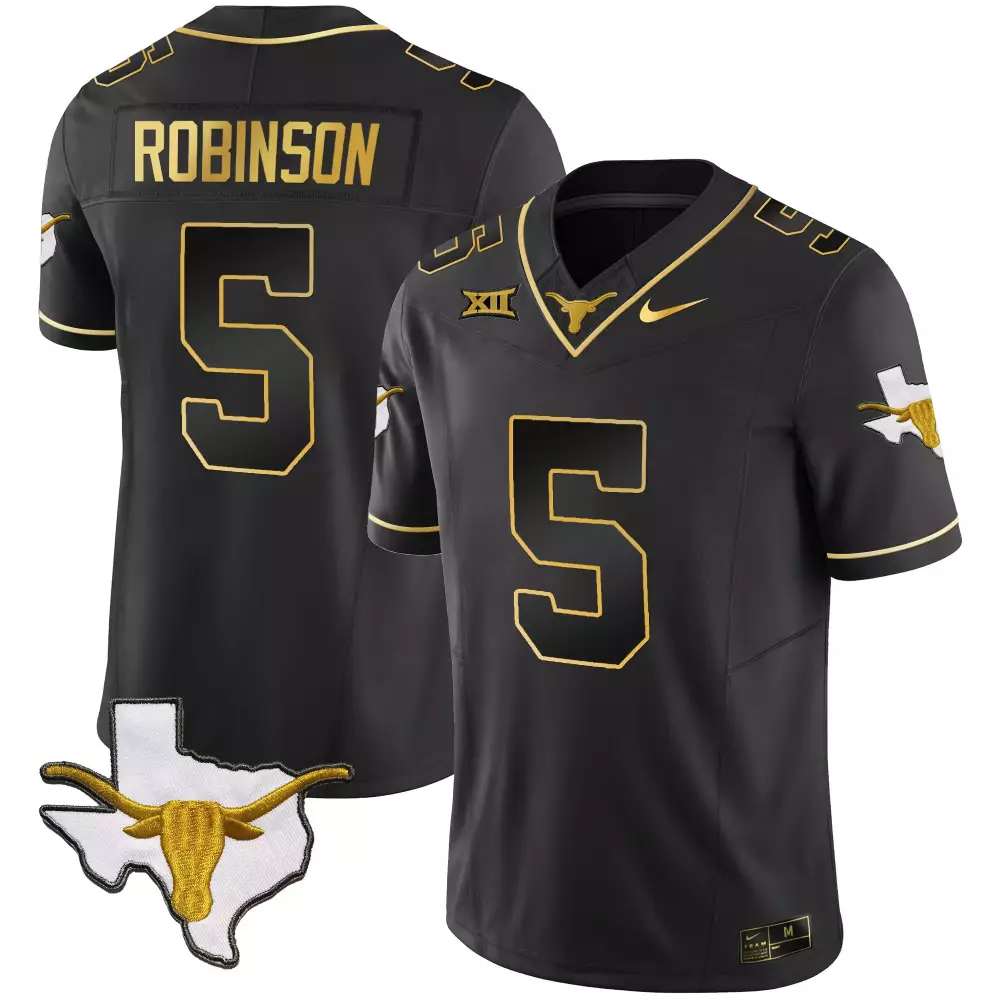 Robinson 5 Texas Longhorns 2023 Black Stitched Vapor Jersey | Limited Edition Fan Gear | For Men, Women & Youth