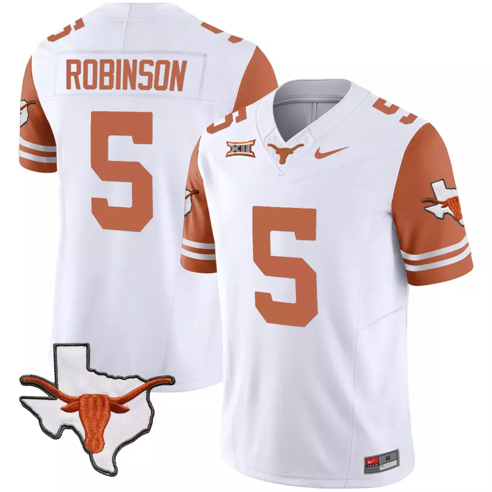 Robinson 5 Texas Longhorns 2023 White Stitched Vapor Jersey | Limited Edition Fan Gear | For Men, Women & Youth