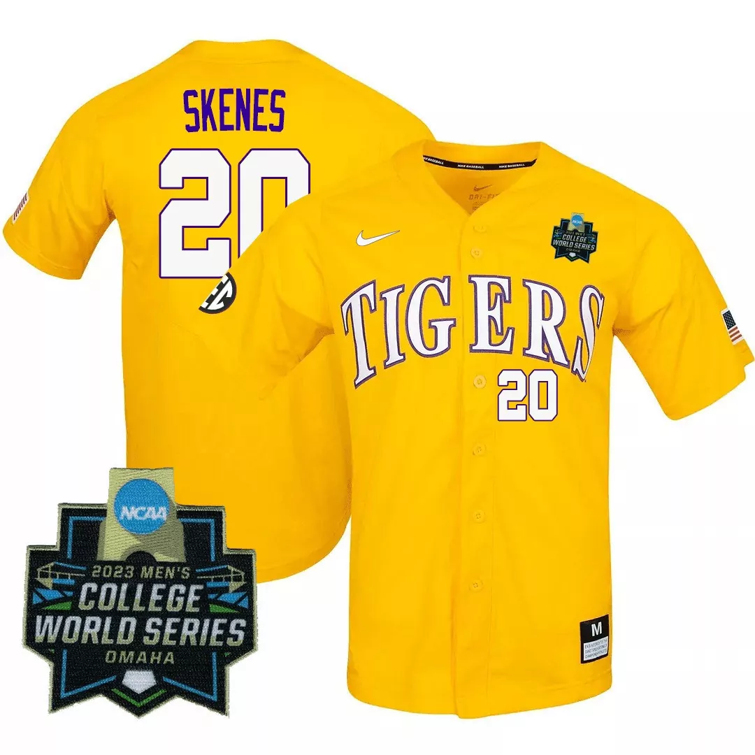 skenes 20 lsu tigers 2023 men s college world series yellow all stitched vapor jersey
