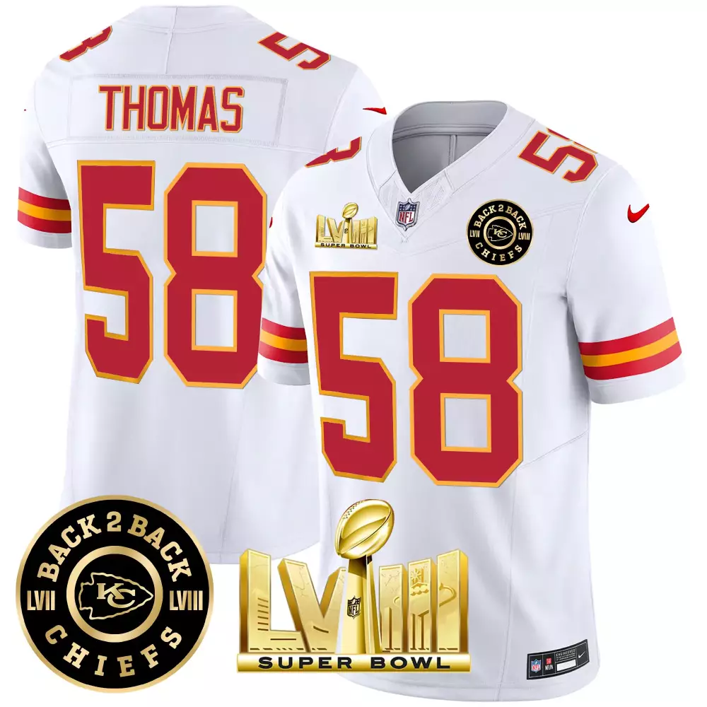 Thomas 58 Kansas City Chiefs 2023 White Red Jersey | Stitched Vapor | Replica Fan Gear | For Men, Women & Youth