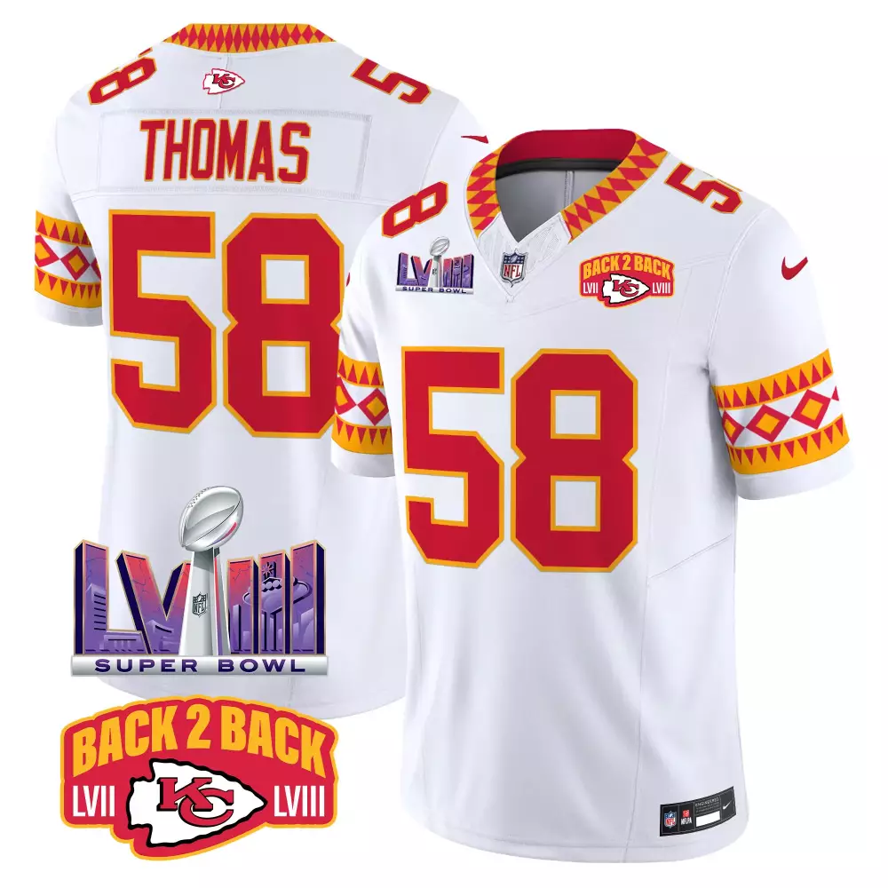 Thomas 58 Kansas City Chiefs 2023 White Red Jersey | Stitched Vapor | Replica Fan Gear | For Men, Women & Youth