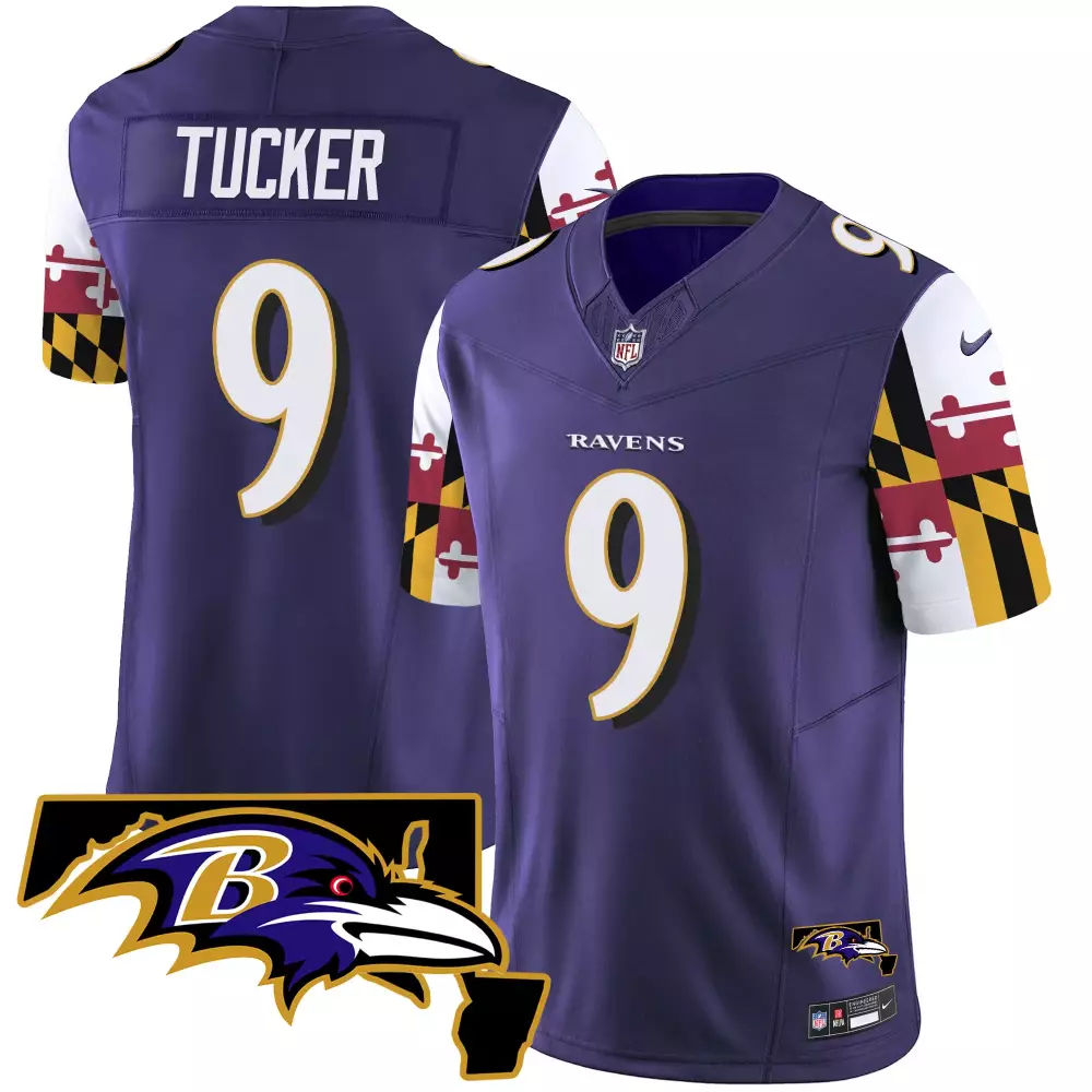 Tucker 9 Baltimore Ravens 2023 Purple Jersey | Stitched Vapor with Maryland Flag Patch | For Men, Women & Youth