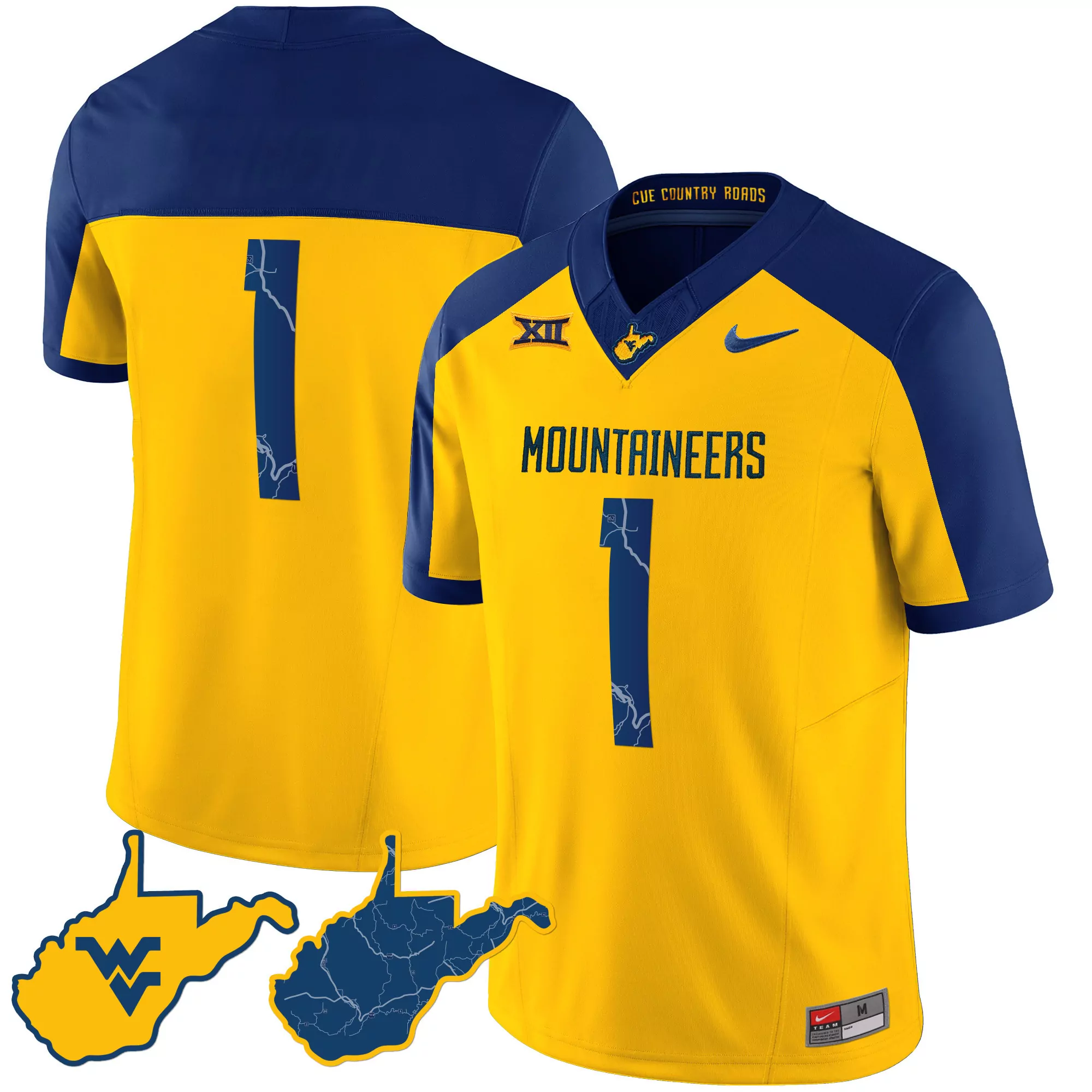 west virginia mountaineers 1 all stitched vapor jersey 2023 men s yellow blue lightning design