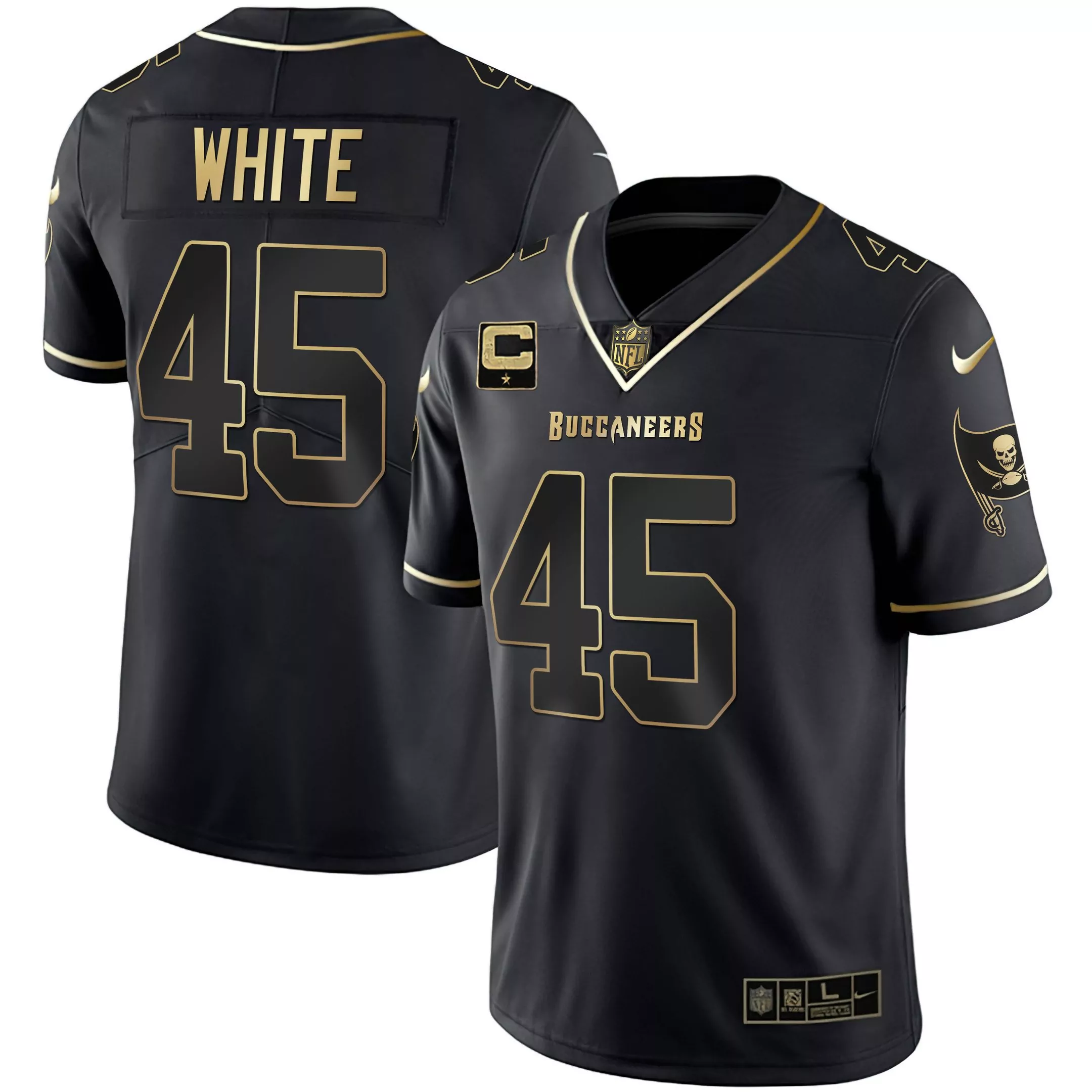white 45 tampa bay buccaneers 2023 men s all stitched vapor jersey black gold edition 2