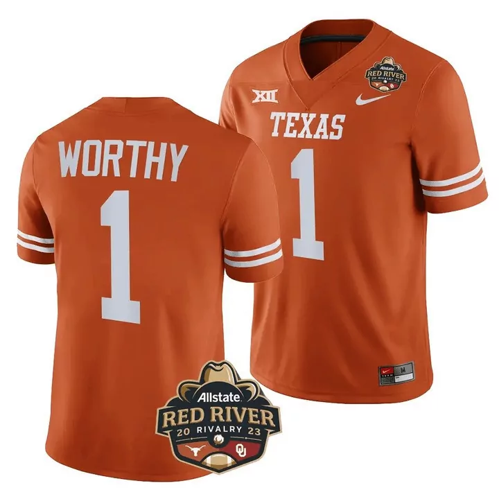 worthy 1 texas longhorns 2023 men s all stitched vapor jersey orange red river rivalry patch