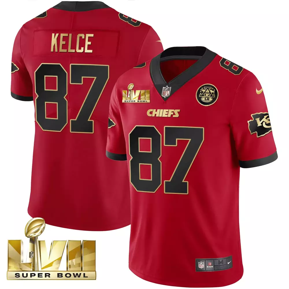 kelce 87 chiefs 2023 male all stitched vapor jersey super bowl lvii red