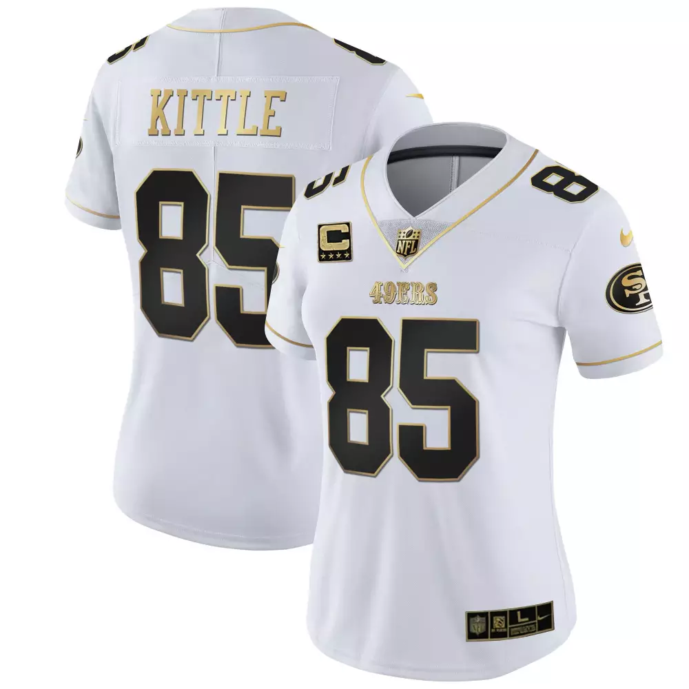 Kittle 85 San Francisco 49ers 2023 Stitched Vapor Jersey | White & Gold | Replica Fan Gear | For Men, Women & Youth