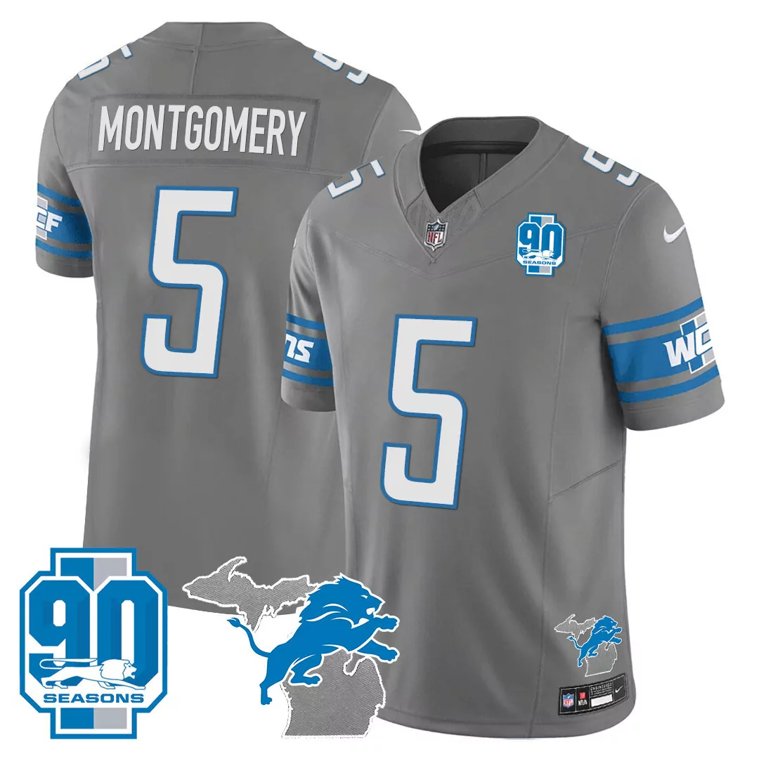 montgomery 5 detroit lions 2023 men s all stitched vapor jersey gray 90 seasons edition