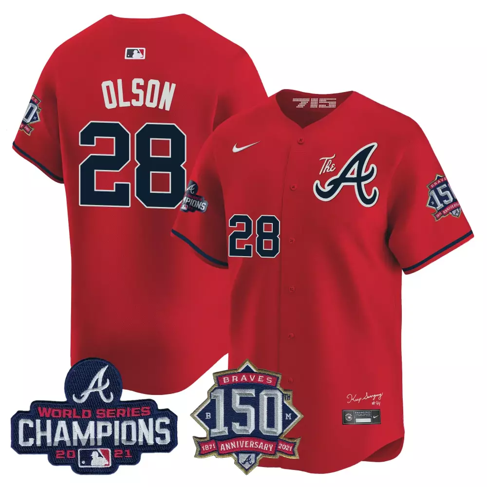 olson 28 atlanta braves 2021 men s all stitched vapor jersey red world series champions 150th anniversary
