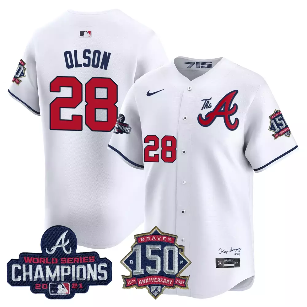 Olson 28 Atlanta Braves 2021 Stitched Vapor Jersey | White 150th Anniversary Champions | Limited Edition Fan Gear | For Men, Women & Youth