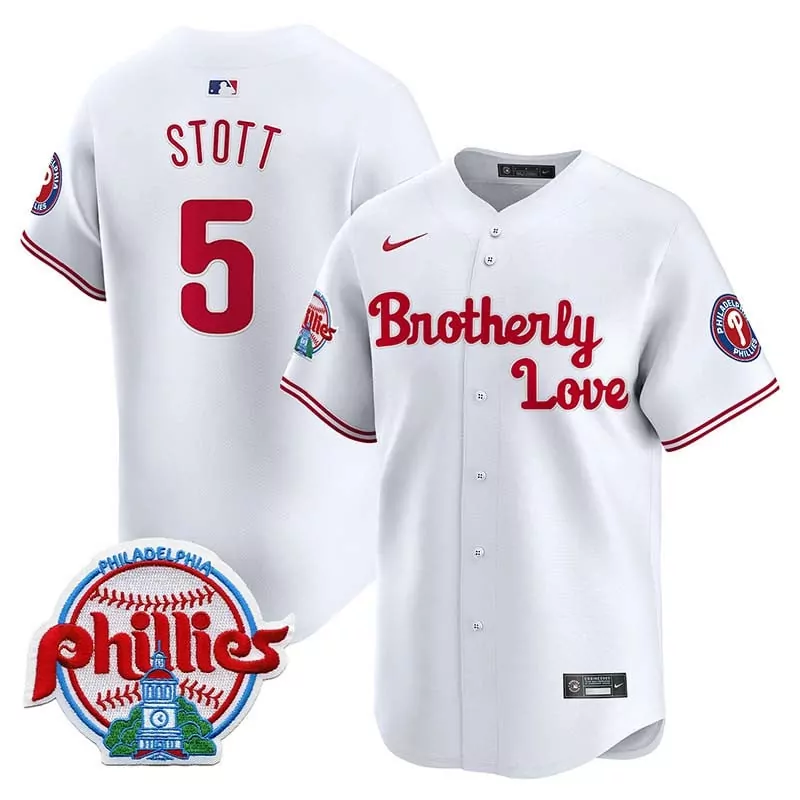 Stott 5 Philadelphia Phillies 2023 Camo Patch Jersey | All Stitched White | Limited Edition Fan Gear | For Men, Women & Youth