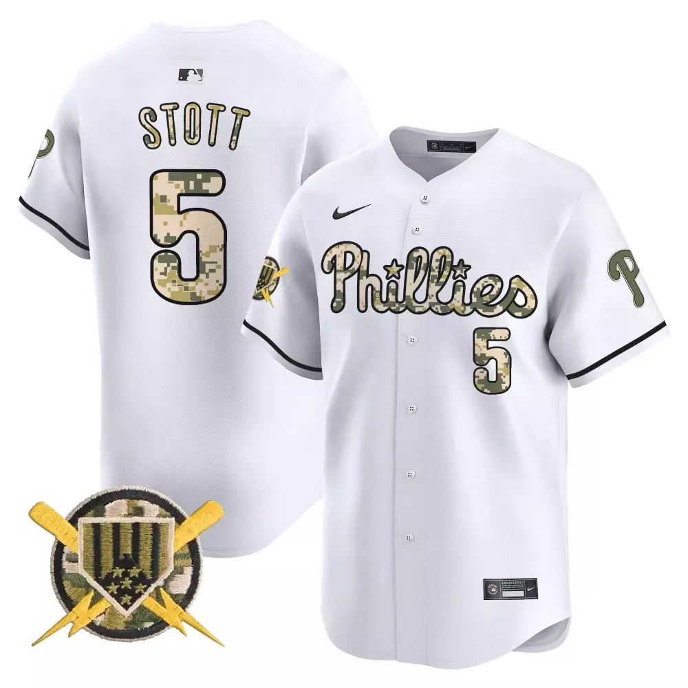 Stott 5 Philadelphia Phillies 2023 Camo Patch Jersey | All Stitched White | Limited Edition Fan Gear | For Men, Women & Youth