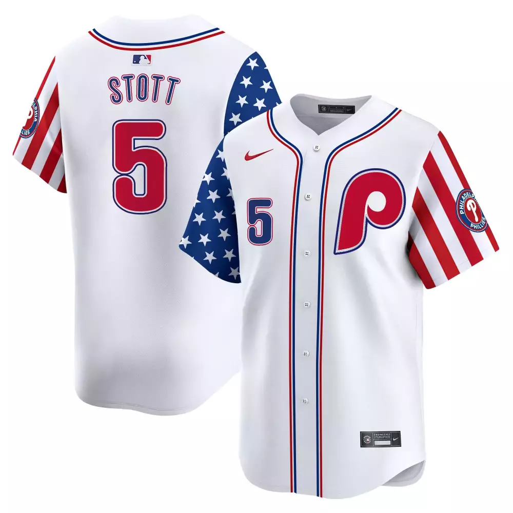 Stott 5 Philadelphia Phillies 2023 Stitched Vapor Jersey | White, Red & Blue | Game Day Outfit for Men, Women & Youth