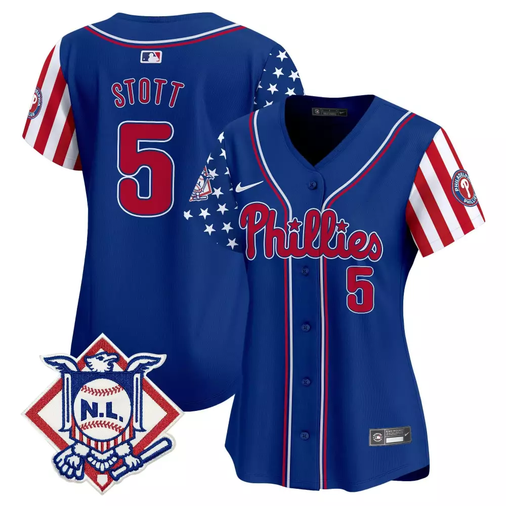 Stott 5 Philadelphia Phillies 2023 Women's Stitched Vapor Jersey | Blue with Red Stars | Replica Fan Gear | For Men, Women & Youth